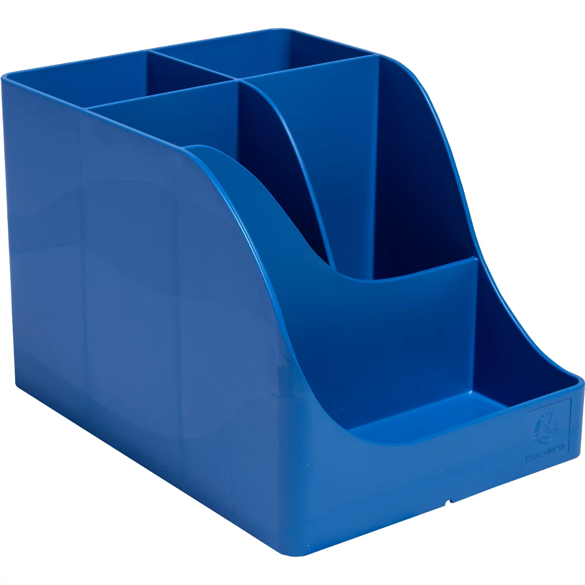 Organisateur de bureau bleu avec plusieurs compartiments. Quatre carrés en haut, trois en bas. Arrondi sur le côté.