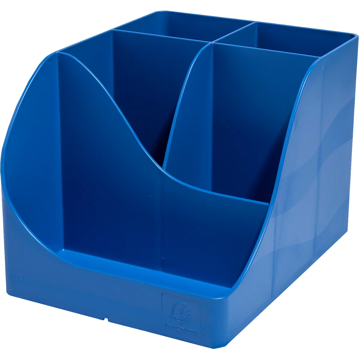 Organisateur de bureau bleu avec quatre compartiments, un côté ondulé et une surface lisse.