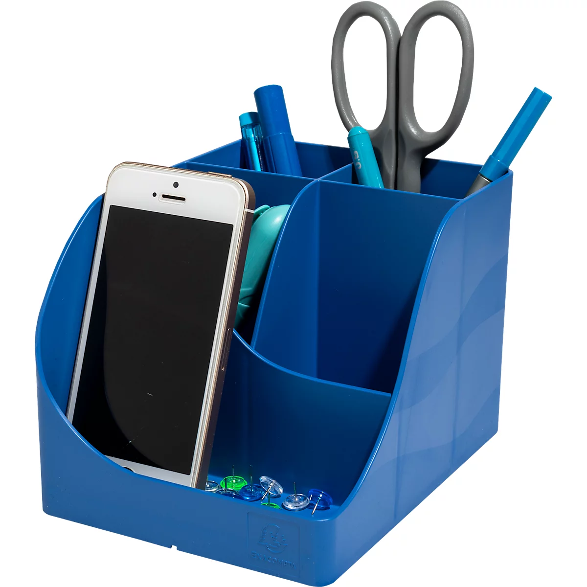Organisateur de bureau bleu avec stylos, ciseaux et smartphone.