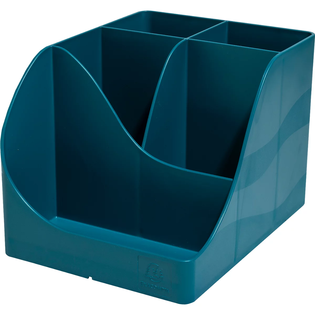 Organisateur de bureau turquoise à quatre compartiments et paroi latérale ondulée.