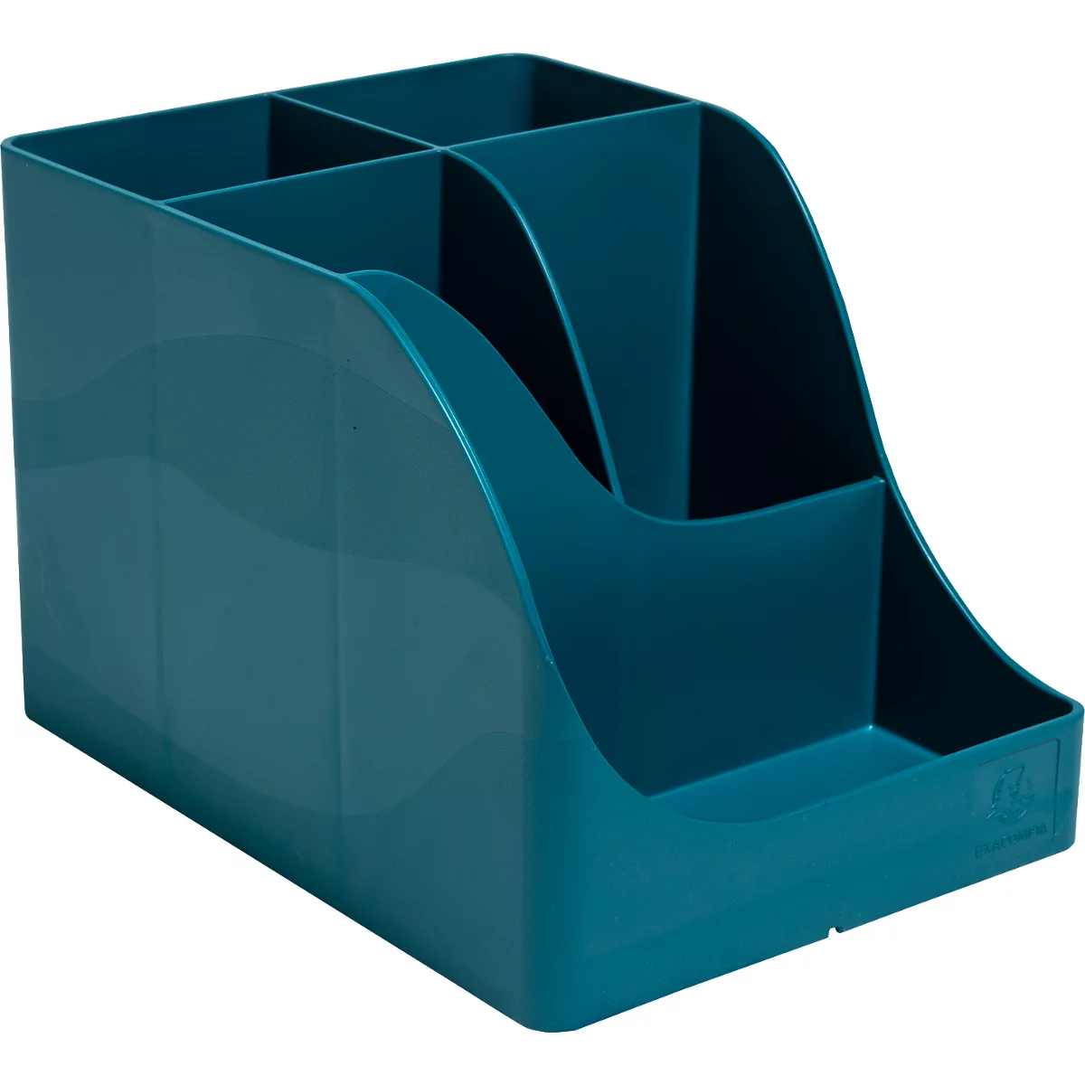 Organisateur de bureau bleu-vert avec compartiments et côté incliné.