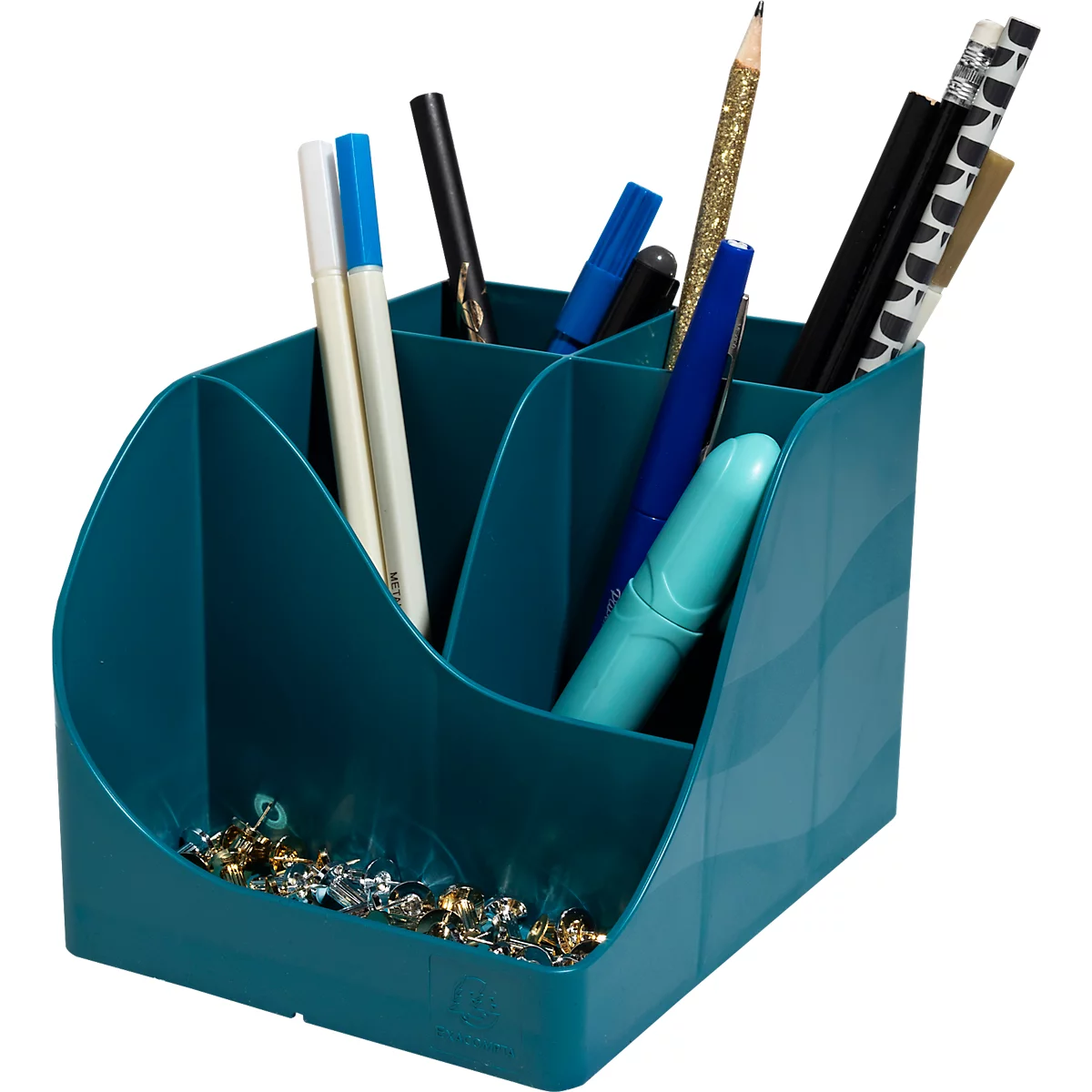 Pot à stylos turquoise avec plusieurs compartiments. Rempli de stylos, crayons et paillettes.