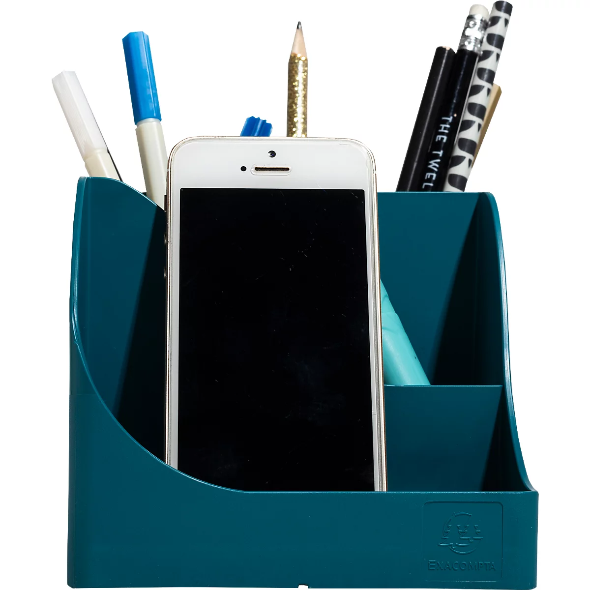 Organisateur de bureau turquoise avec smartphone et stylos. Autocollant en bas à droite.
