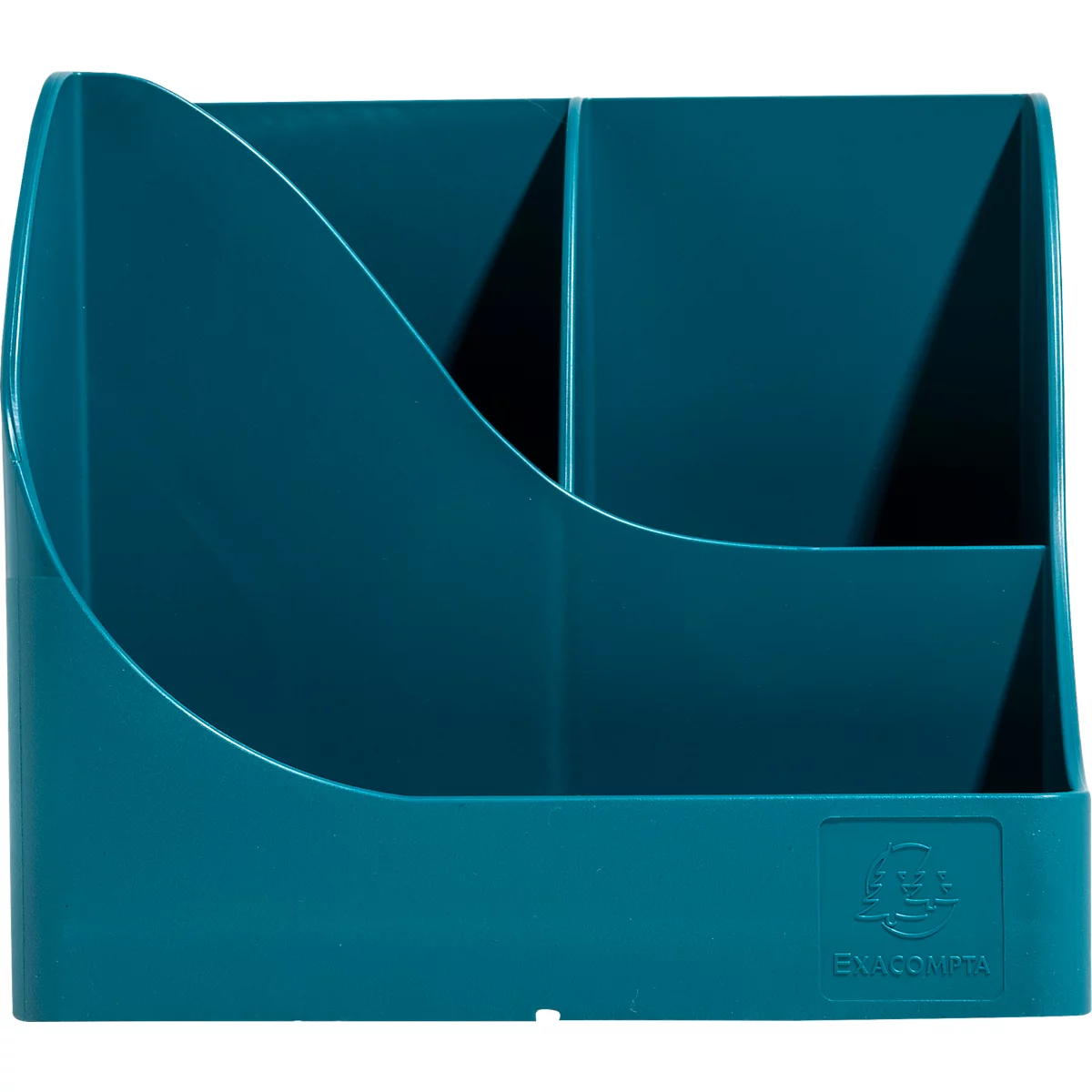 Porte-crayons turquoise avec trois compartiments, des bords arrondis et un logo. Le porte-crayons est posé sur un fond blanc.