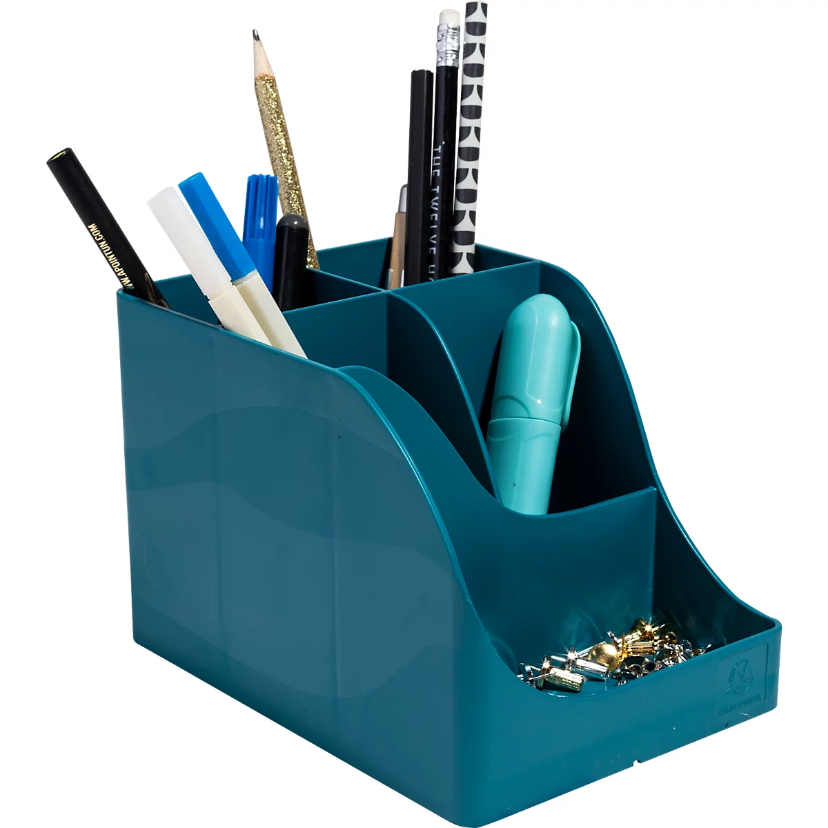 Pot à crayons turquoise avec stylos et crayons. Quelques stylos sont dans le compartiment. Le pot à crayons a quatre compartiments.