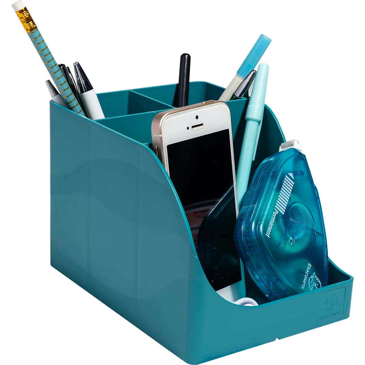Porte-crayons sarcelle rempli de stylos, d'un téléphone et d'un distributeur de ruban adhésif.