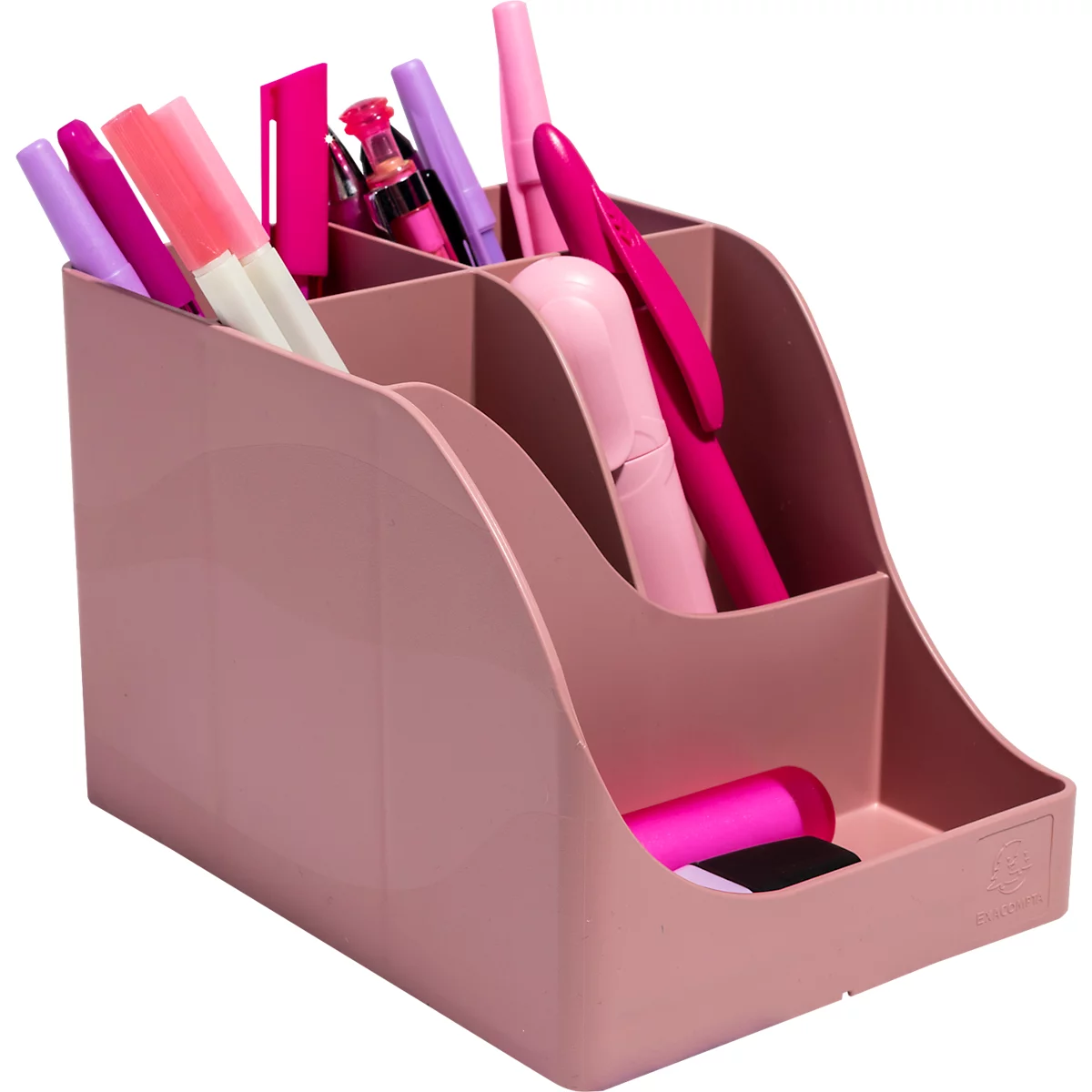 Porte-stylos rose avec stylos et marqueurs de différentes couleurs. Le support est divisé en compartiments.