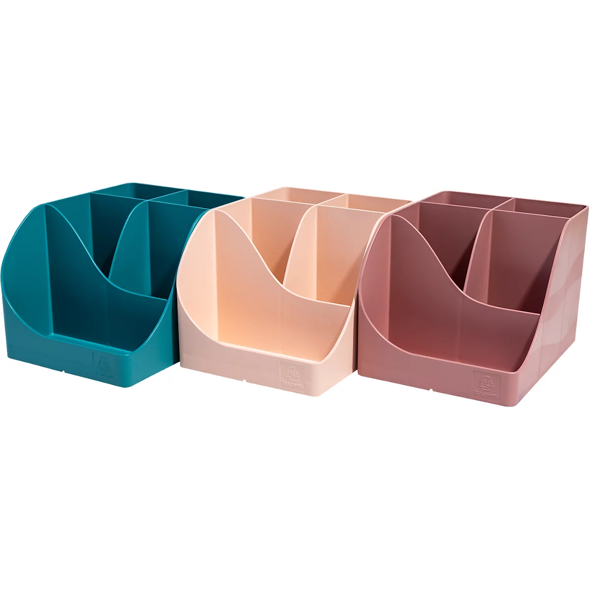 Trois organiseurs en sarcelle, rose et mauve. Chacun a 4 compartiments, un côté incurvé.