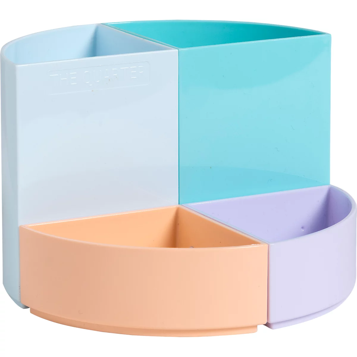Carrousel porte-stylos coloré à quatre sections. Chaque compartiment est de couleur pastel, avec l'inscription "THE QUARTER" sur un compartiment.