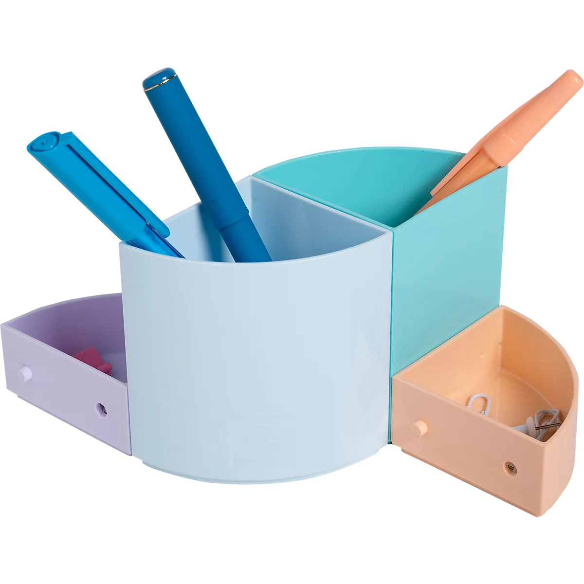 Un organiseur de bureau rond et multicolore avec tiroirs et porte-stylos.