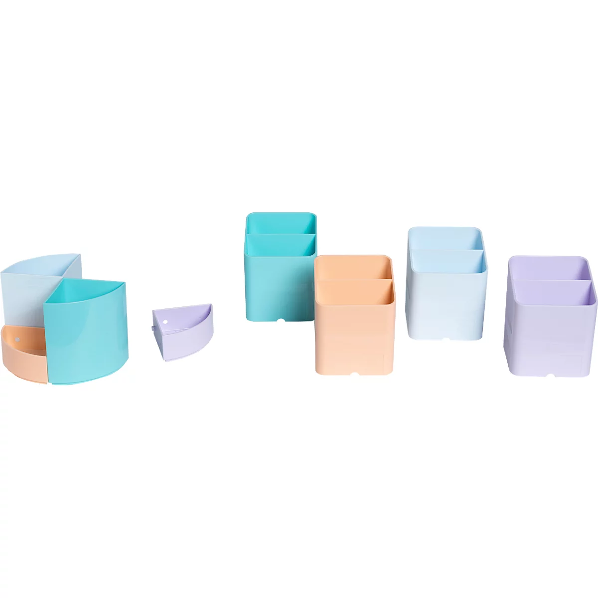 Divers porte-stylos en plastique colorés. À gauche, une version semi-circulaire, à droite, d'autres en bleu, turquoise, orange et violet.