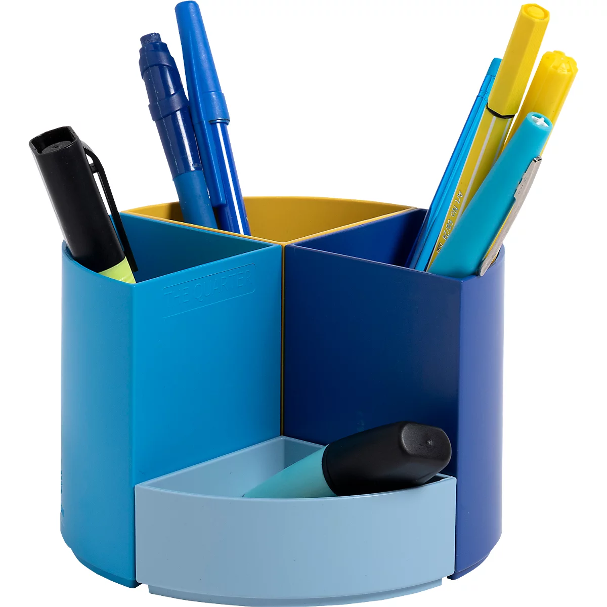 Porte-stylos coloré avec stylos et surligneurs en jaune, bleu et turquoise. Plusieurs compartiments pour l'organisation.