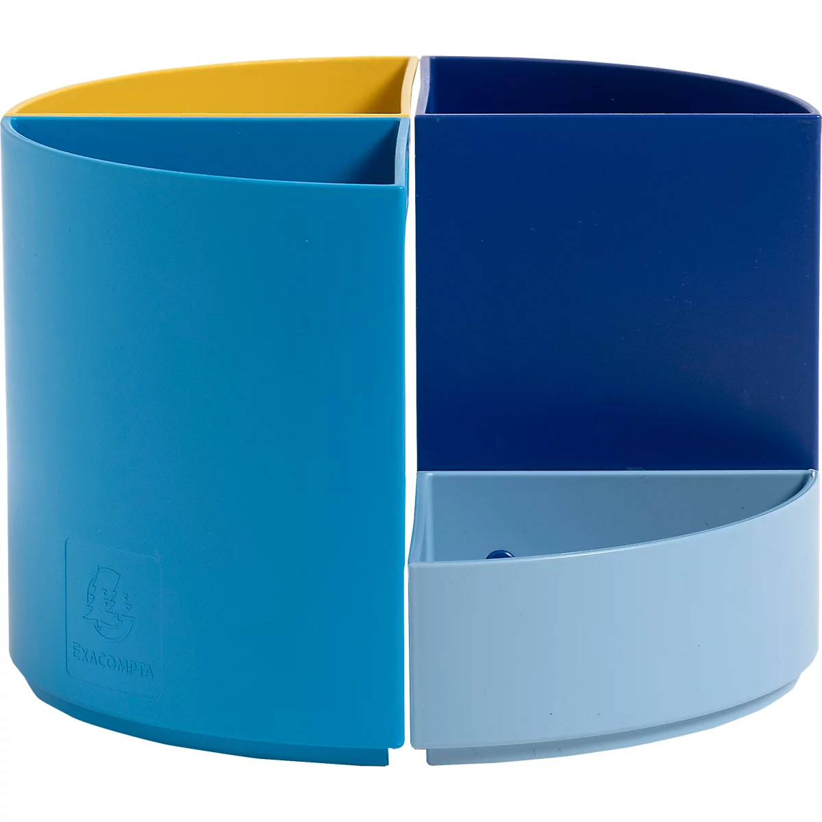 Porte-stylo rond multicolore divisé en quatre compartiments. Bleu, jaune et bleu clair.