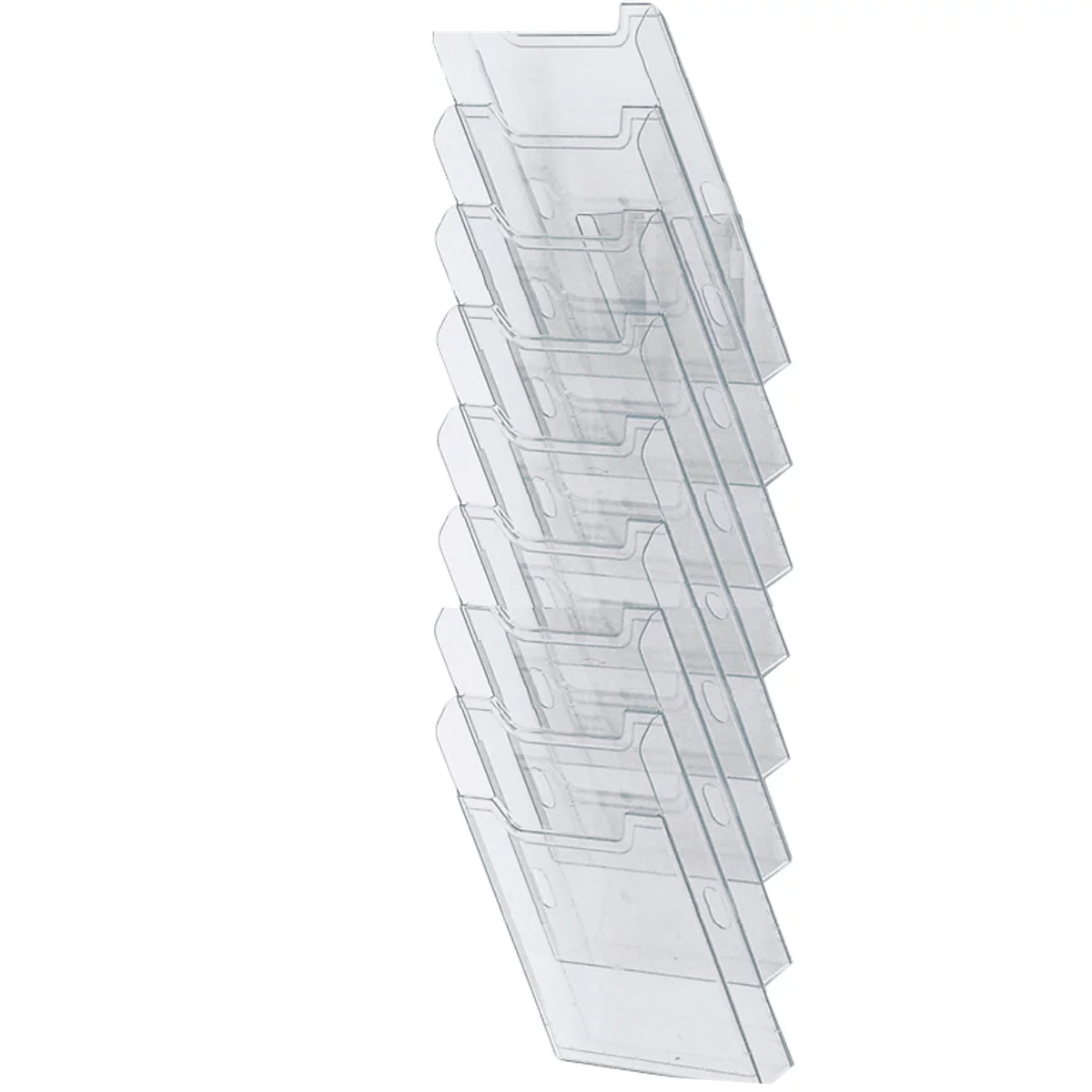 Porte-brochures transparent et empilable avec plusieurs compartiments. Le porte-brochures est représenté sur un fond blanc.