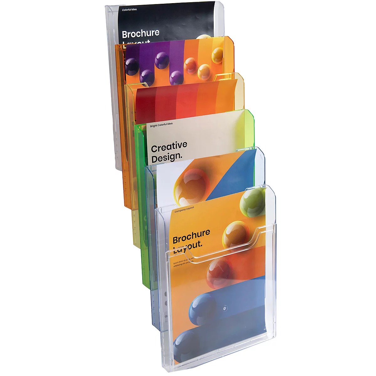 Transparenter Prospekthalter mit farbigen Broschüren. Beschriftung: Brochure, Creative Design.
