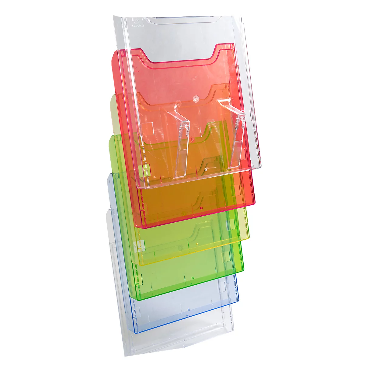 Mehrfarbiger Wandprospekthalter, transparente Fächer in Rot, Orange, Grün, Blau.