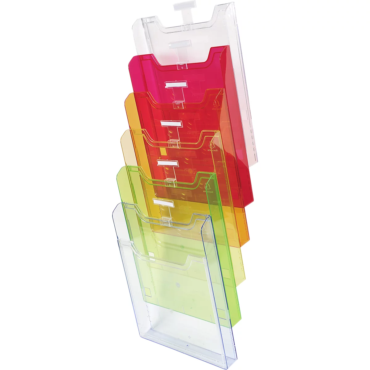 Mehrfarbiger Wandprospekthalter, aus Kunststoff, mit transparenten, rosa, gelben und grünen Fächern.