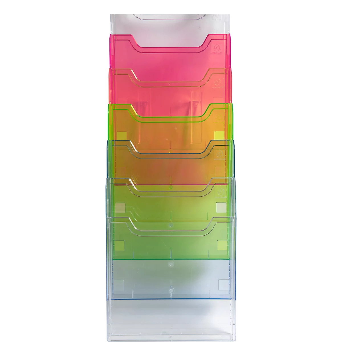 Mehrfarbiger Wandbriefhalter mit fünf Fächern. Oben transparent, dann pink, orange, grün, klar.