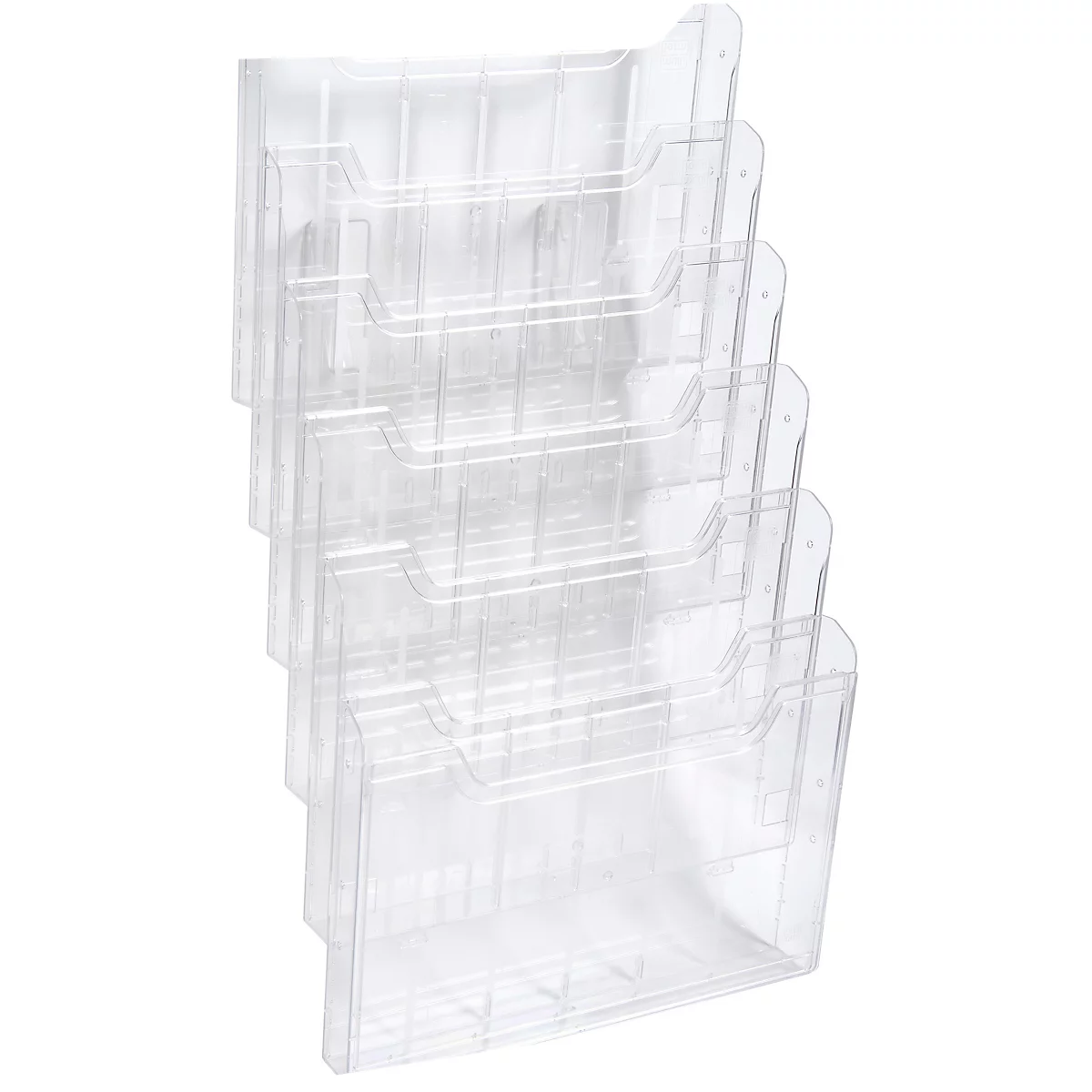 Durchsichtiger, mehrstöckiger Prospekthalter aus Kunststoff.