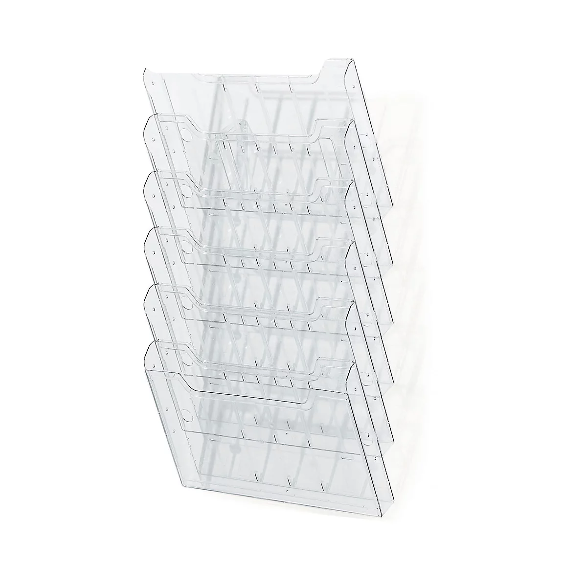 Wandprospekthalter aus transparentem Kunststoff mit sechs Fächern.