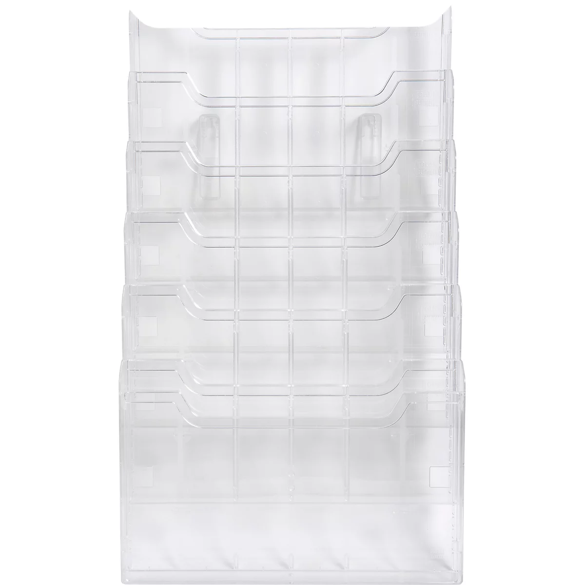 Klare, transparente Wand-Zeitschriftentasche mit mehreren Fächern.