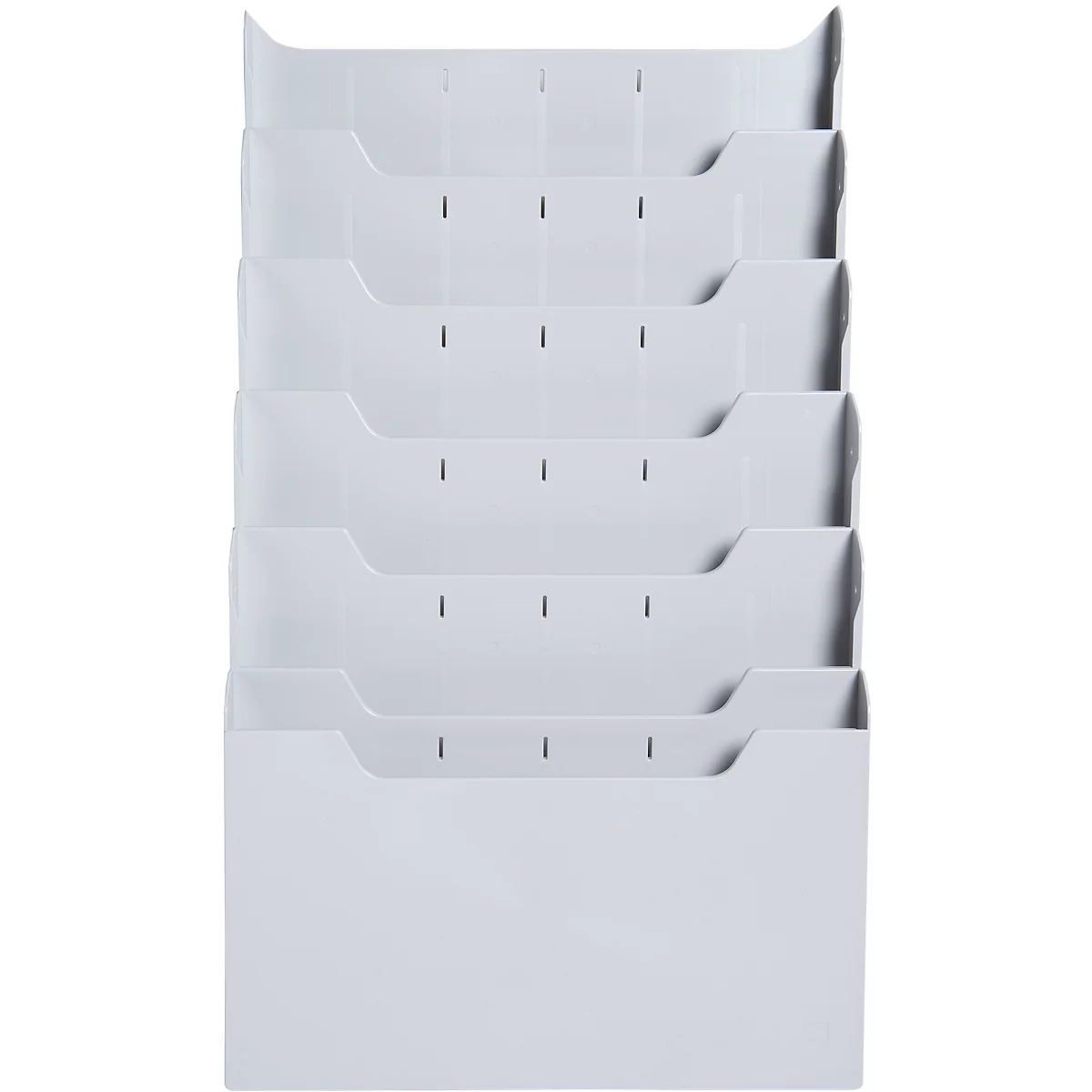 Hellgrauer Wandorganizer mit sechs Fächern.