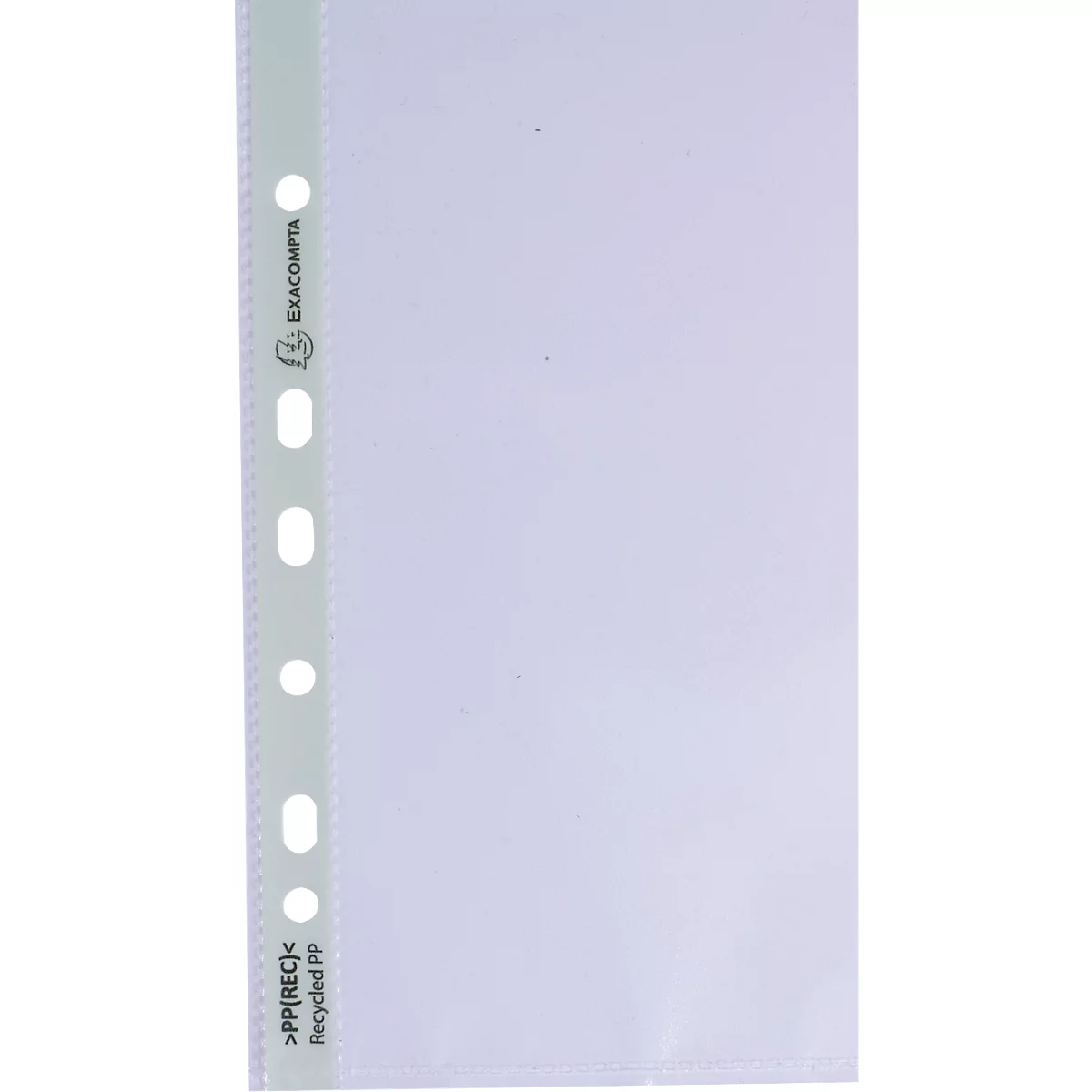 Klare Dokumentenhülle mit Lochrand. Aufgedruckter Schriftzug: Exacompta, PP/REC Recycled PP.