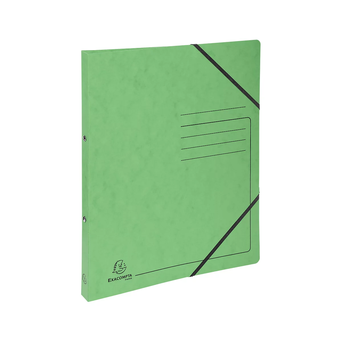 Light green folder, black elastic band, 4 lines for labeling. Logo: EXACOMPTA.