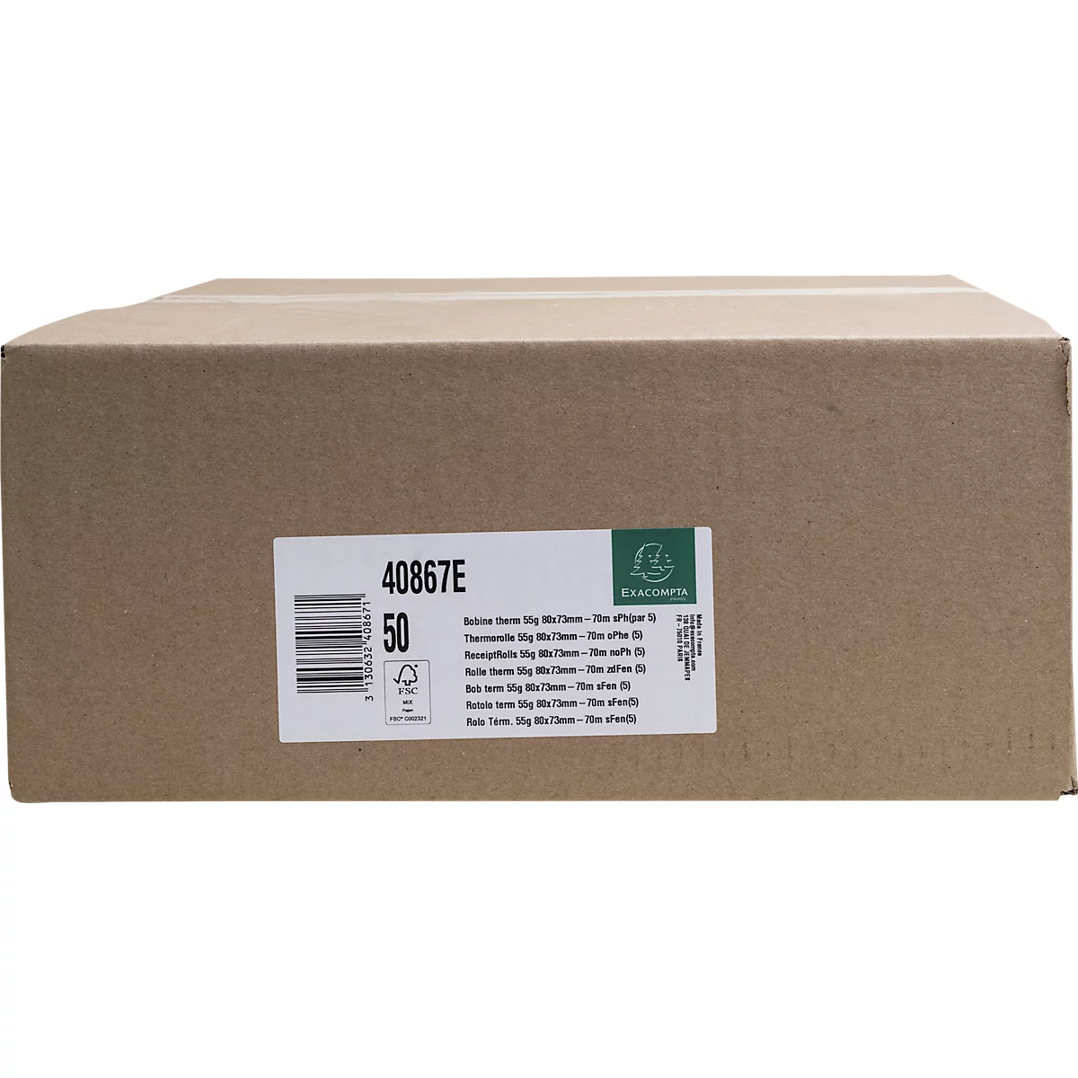 Boîte en carton marron avec une étiquette. L'étiquette contient des chiffres et du texte tels que '40867E' et '50'.