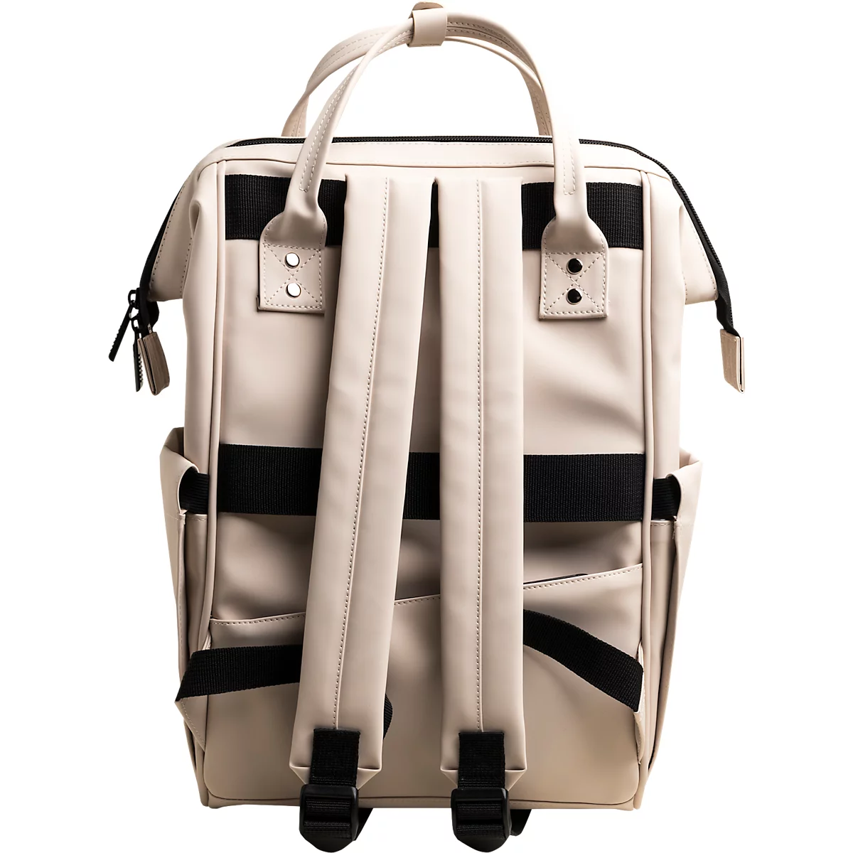 Beigefarbener Rucksack, schwarze Details. Zwei Träger, zwei Seitentaschen. Schwarzer Reißverschluss.