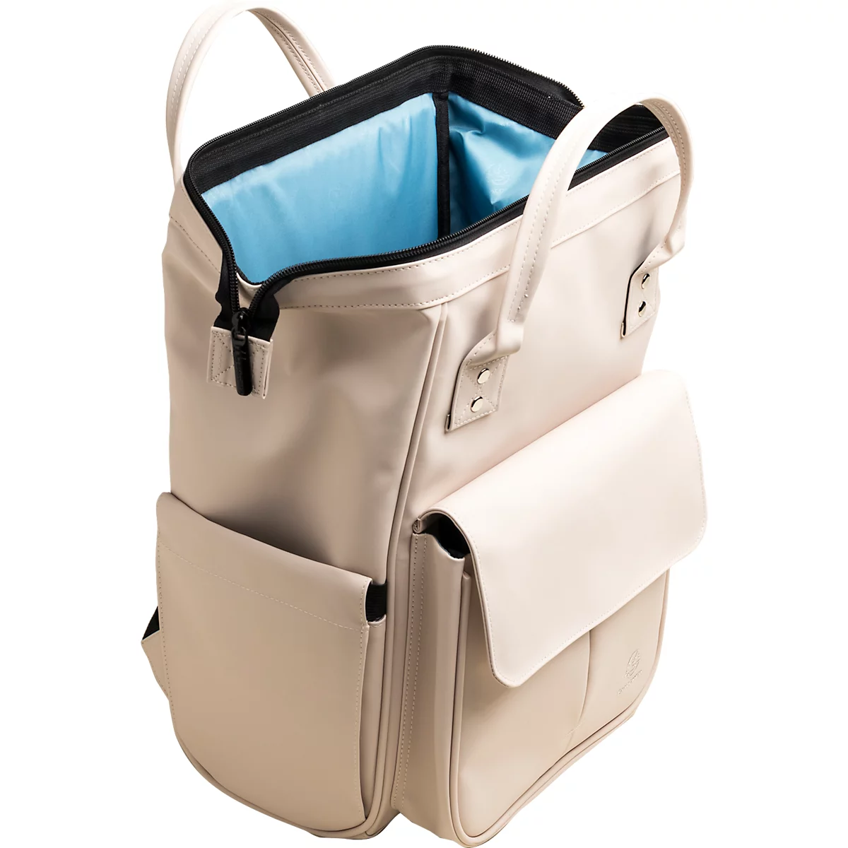 Beigefarbener Rucksack mit hellblauem Innenfutter, offener Reißverschluss, zwei Taschen, Tragegriffe.