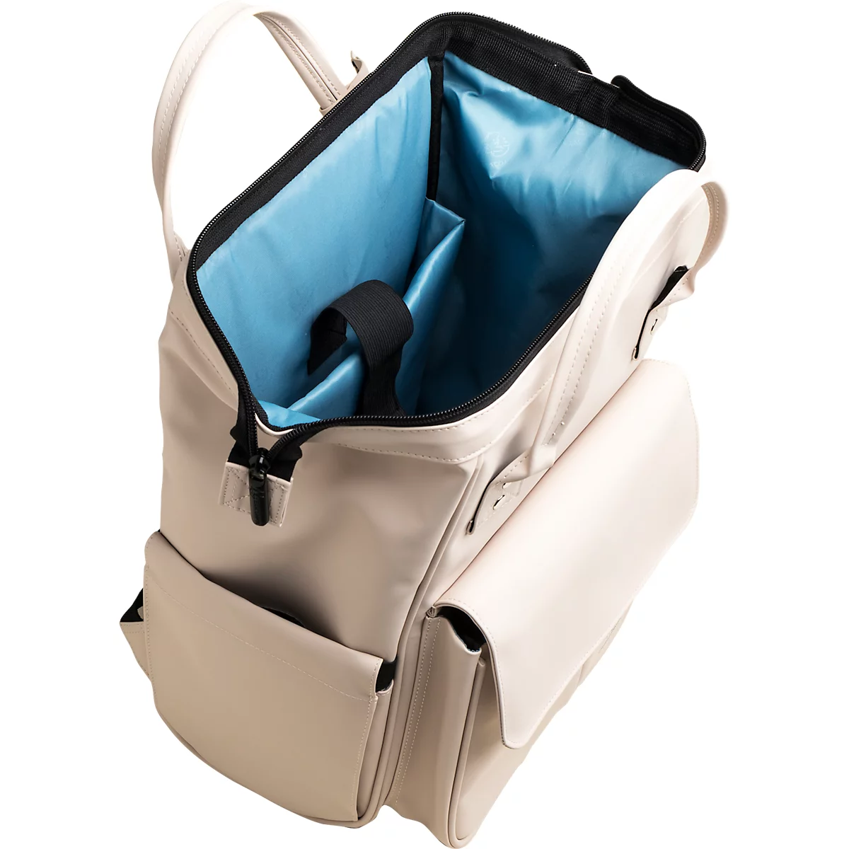 Cremefarbener Rucksack mit offenem Hauptfach, blauem Innenfutter und mehreren Außentaschen. Reißverschluss und Gurte sind schwarz.