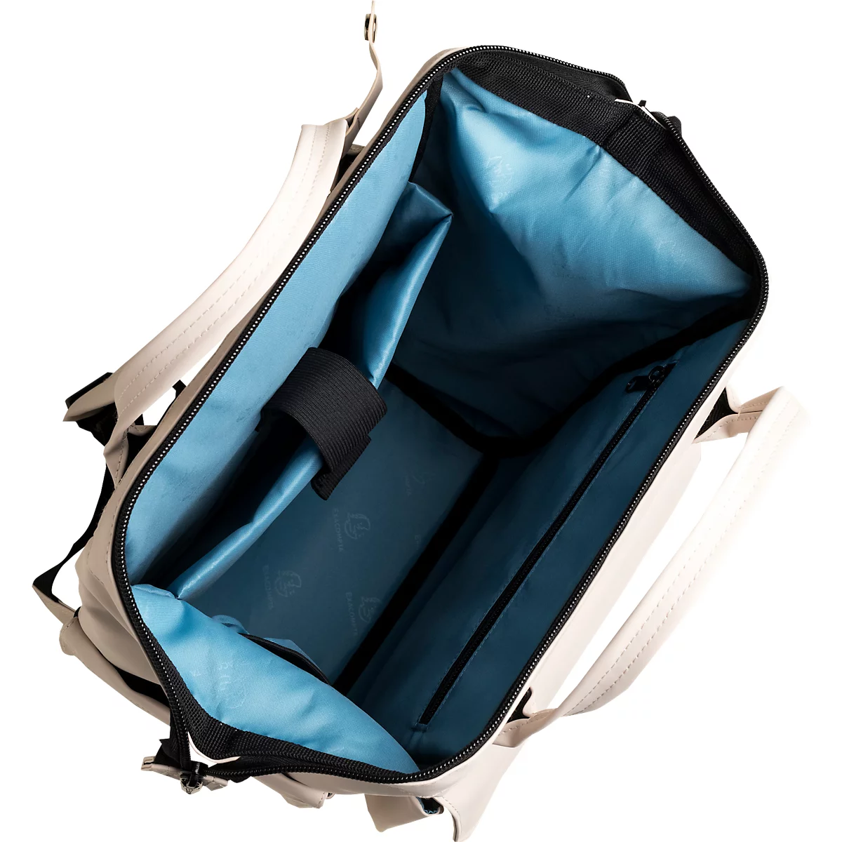 Beige Rucksack, Blick ins Innere. Schwarze Details, hellblaues Innenfutter. Verstellbare Träger, Reißverschlussfach.