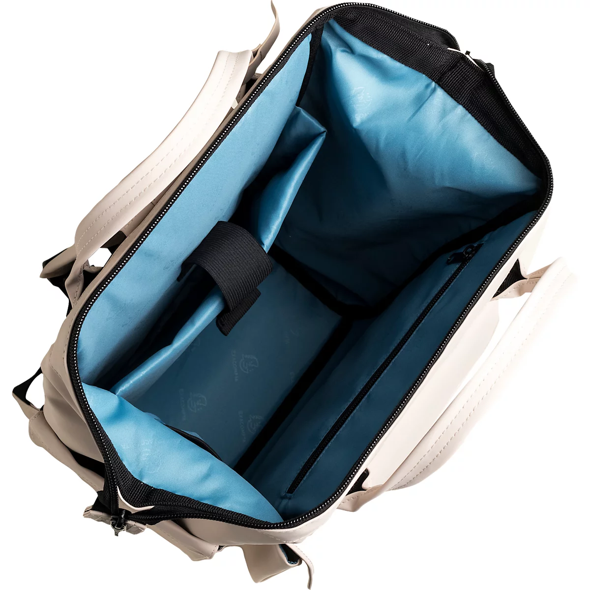 Hellbeiger Rucksack, Blick ins Innere, blaue Fächer.