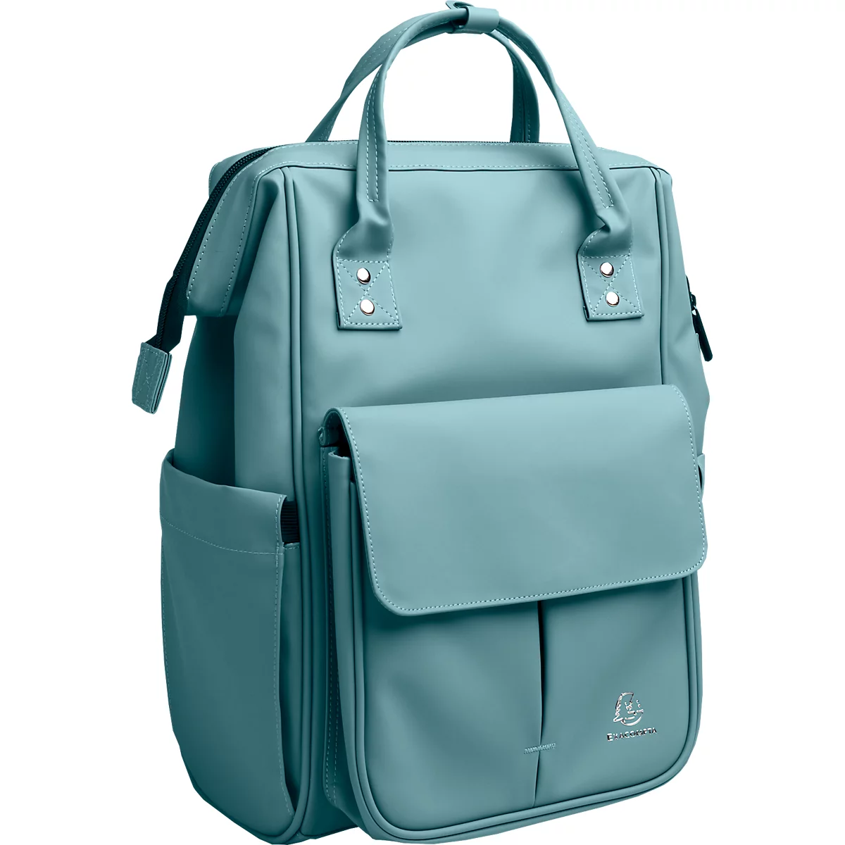 Türkis-farbener Rucksack mit Tragegriff und Klappe. Seitlich und vorne Taschen. Kleines Logo unten rechts.
