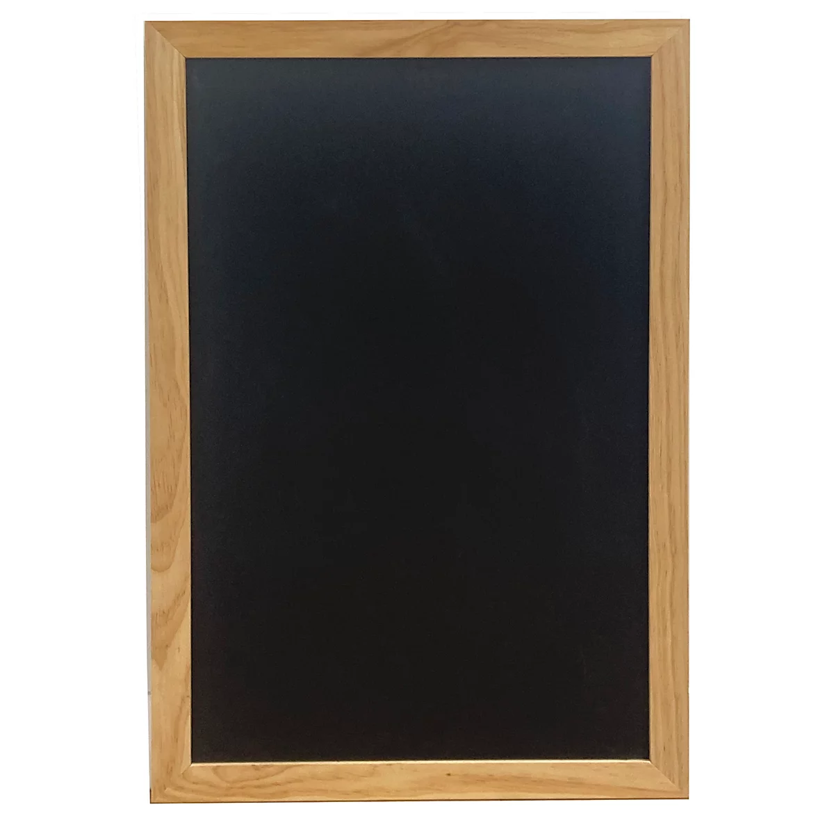 Rechteckige schwarze Tafel mit hellem Holzrahmen. 