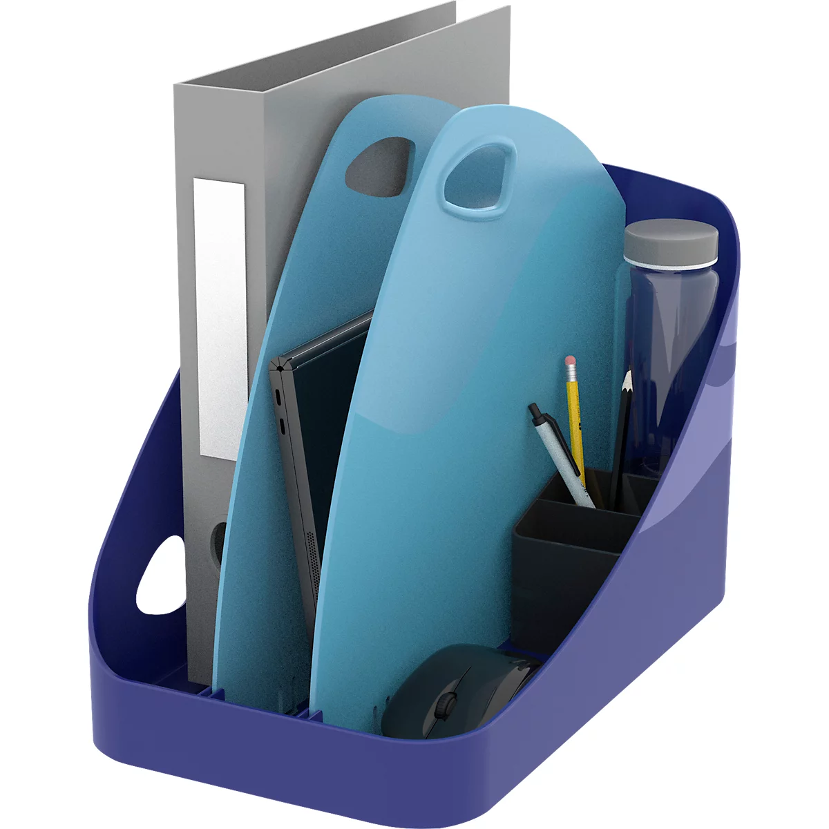Blauer Büroorganizer mit Aktenordner, Tablets, Stiften und Wasserflasche.