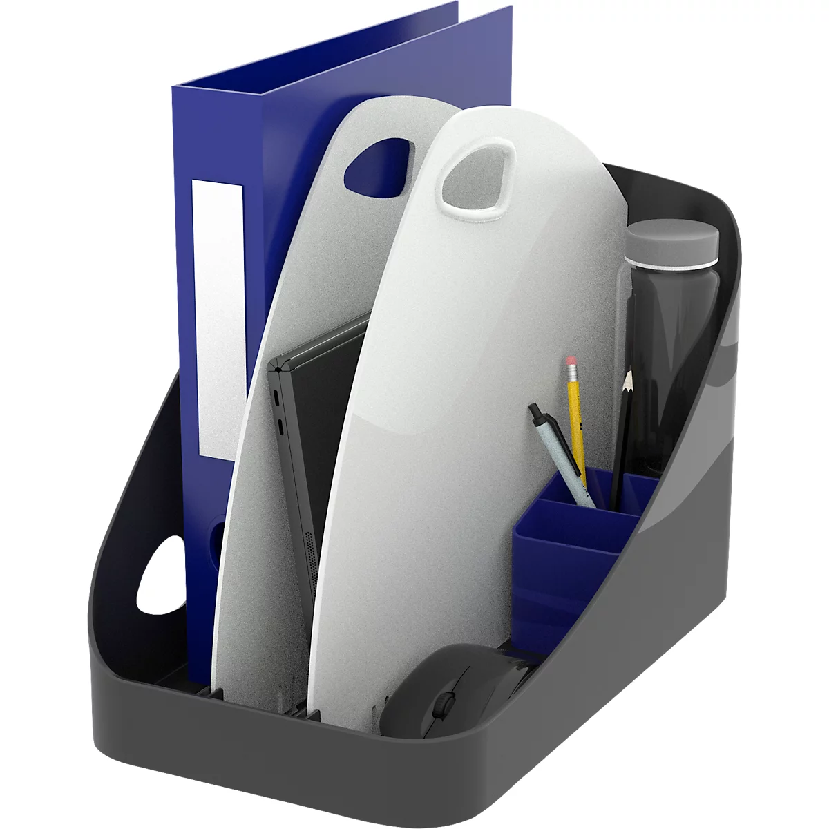 Grauer Schreibtisch-Organizer mit blauer Akte, Tablet, Stifthalter und Wasserflasche.