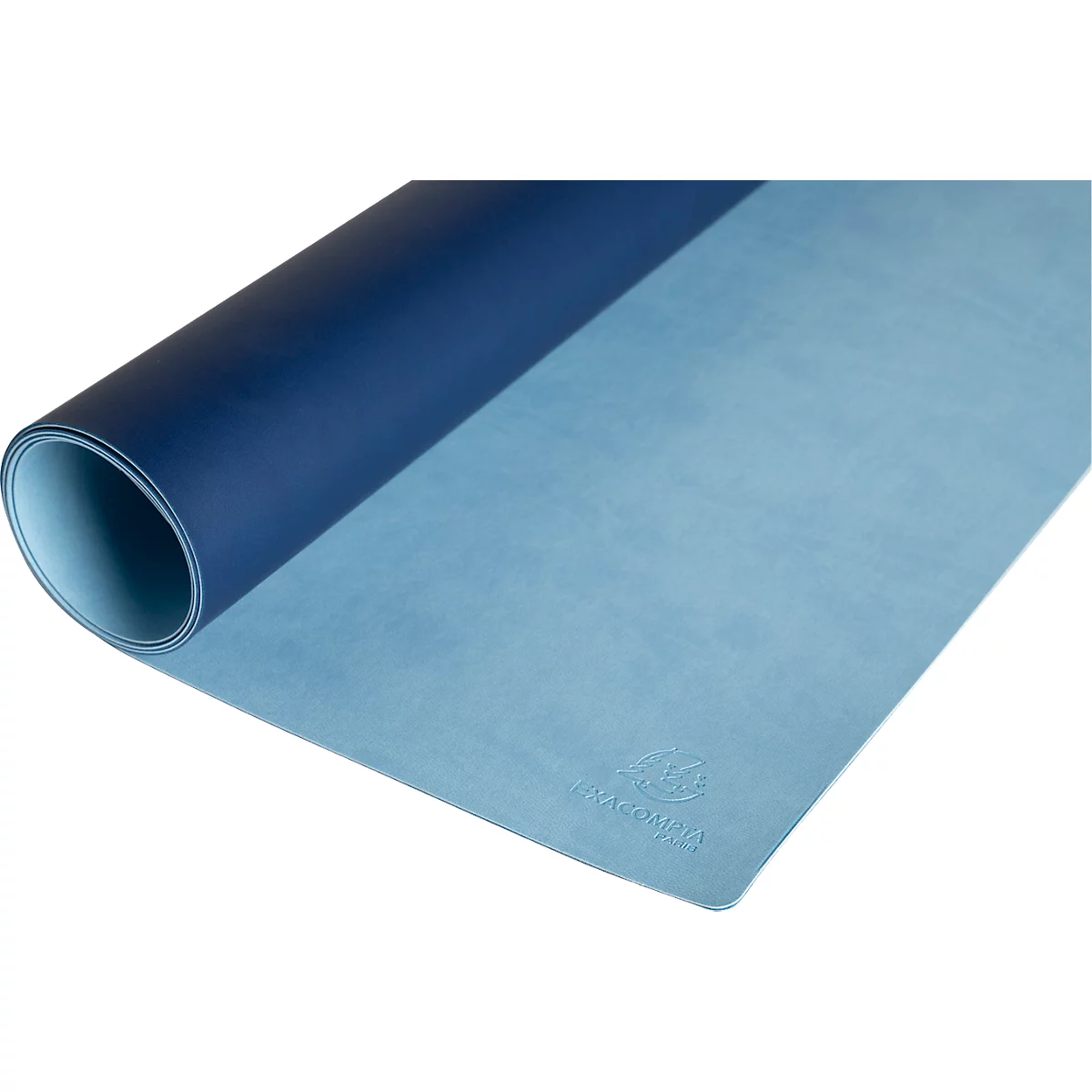 Blau-hellblau gerollte Yogamatte, Logo rechts unten.