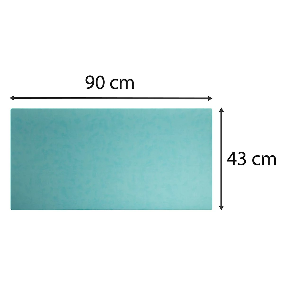 Rechteckige, türkisfarbene Fläche. Oben: 90 cm, rechts: 43 cm. Maße mit schwarzen Pfeilen gekennzeichnet.