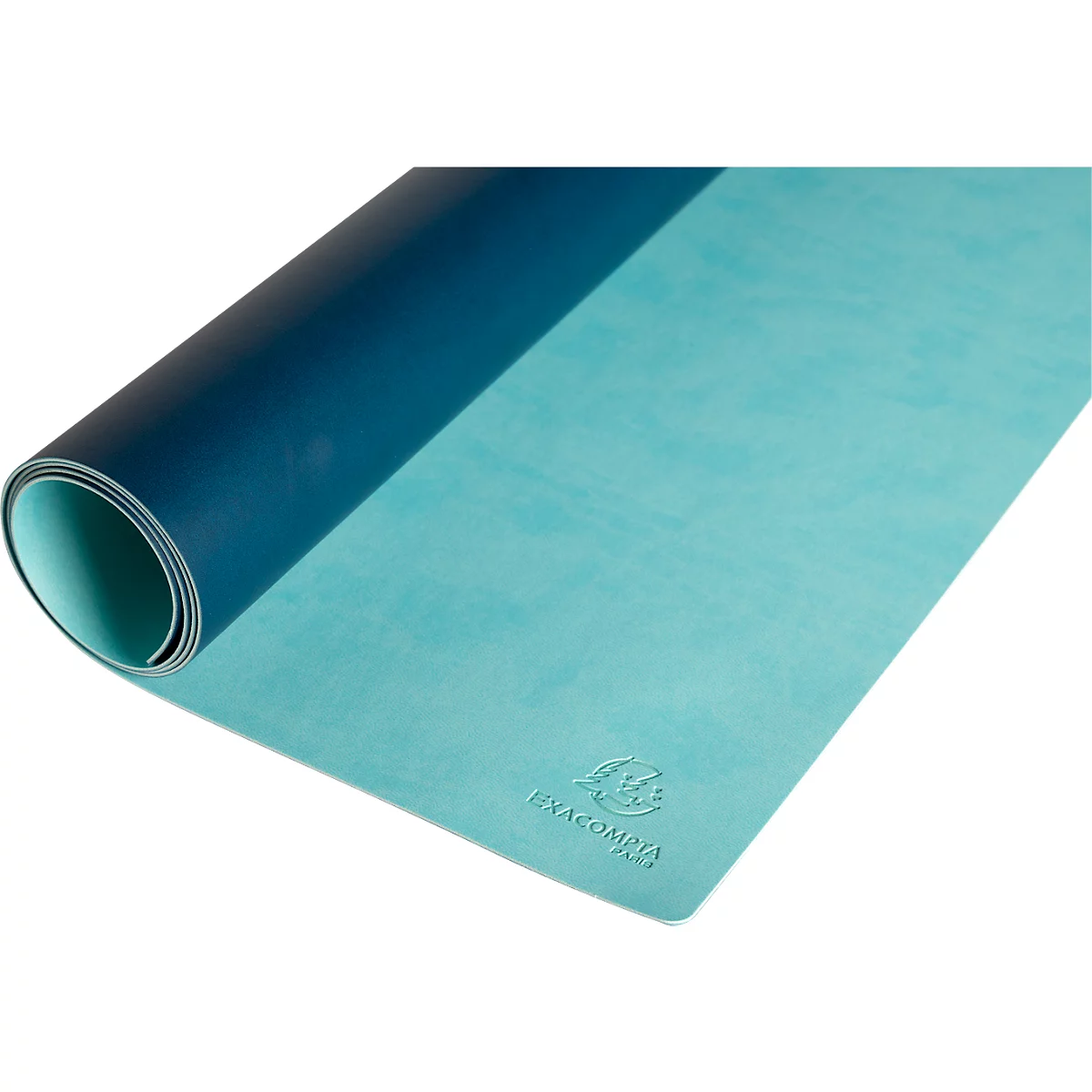 Blau-grüne Yogamatte, teilweise aufgerollt. Logo und Schriftzug sind am unteren Rand erkennbar.