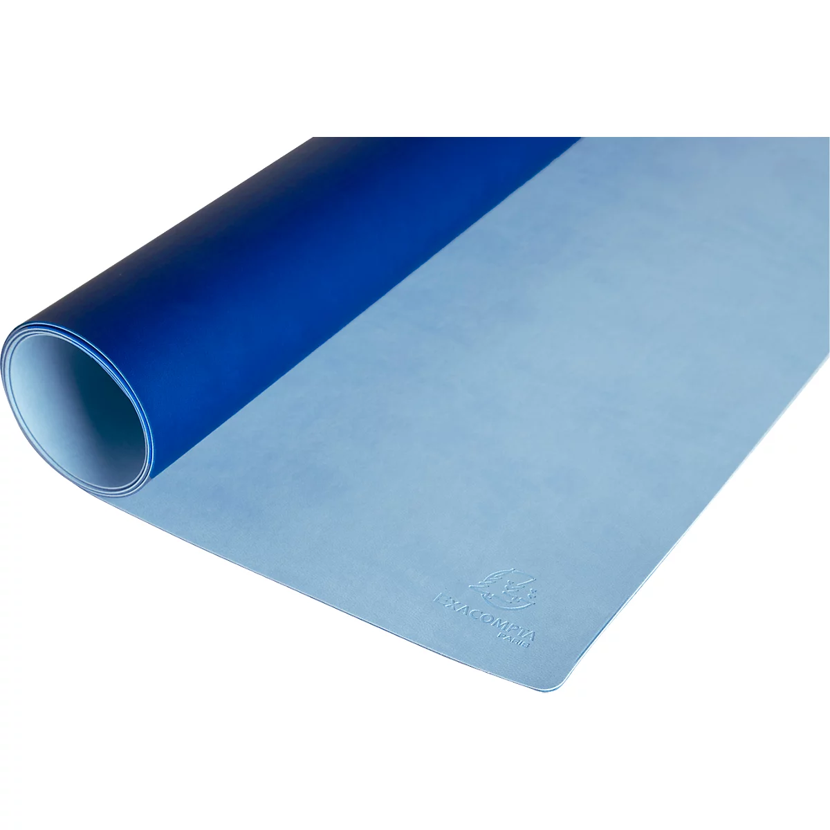 Blaues, gerolltes Papier auf hellem Untergrund. Die obere Rolle ist dunkelblau, das ausgerollte Teil hellblau.