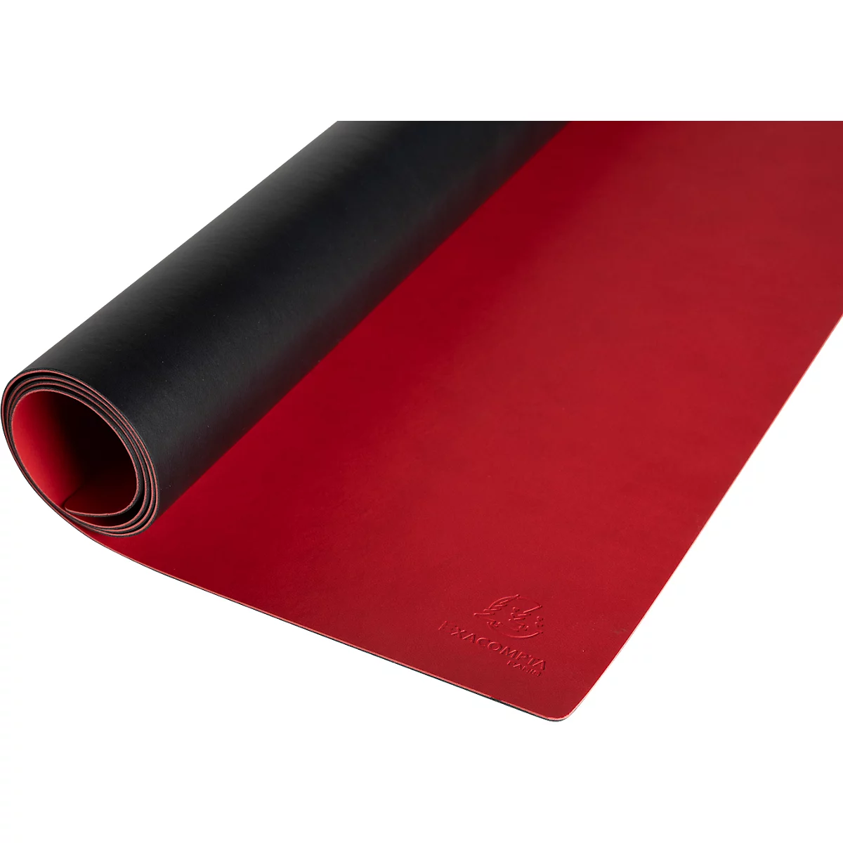 Gerollte Yoga-Matte, rot und schwarz, mit Logo unten rechts.