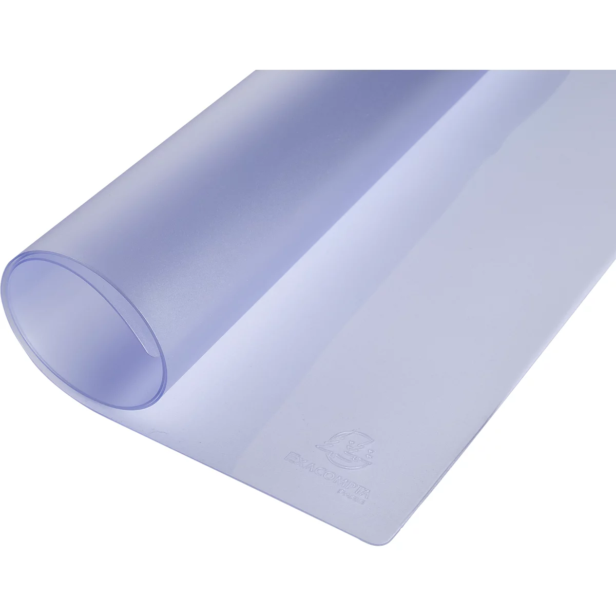 Blau-transparente, gerollte Folie auf weißem Hintergrund. Unten rechts ein Logo.