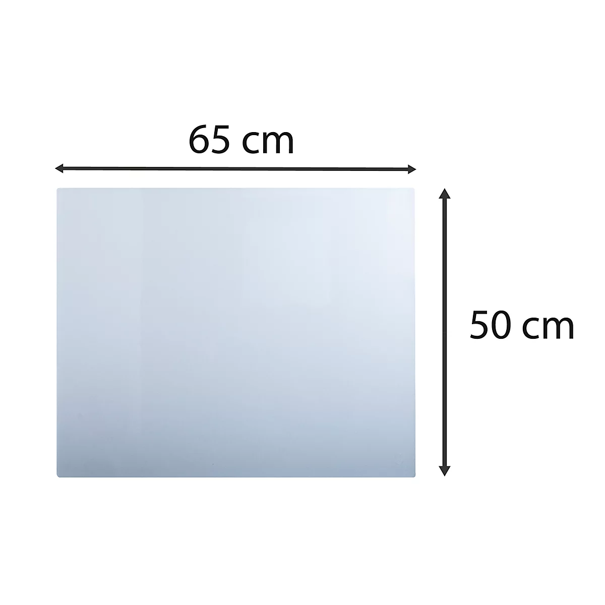 Rechteckige Glasfläche, 65 cm breit, 50 cm hoch. Maße werden mit Pfeilen angezeigt.