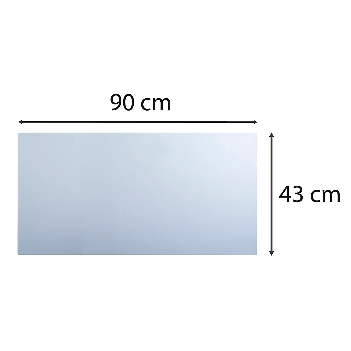 Rechteckiges Spiegelglas, 90 x 43 cm, mit Maßangaben.