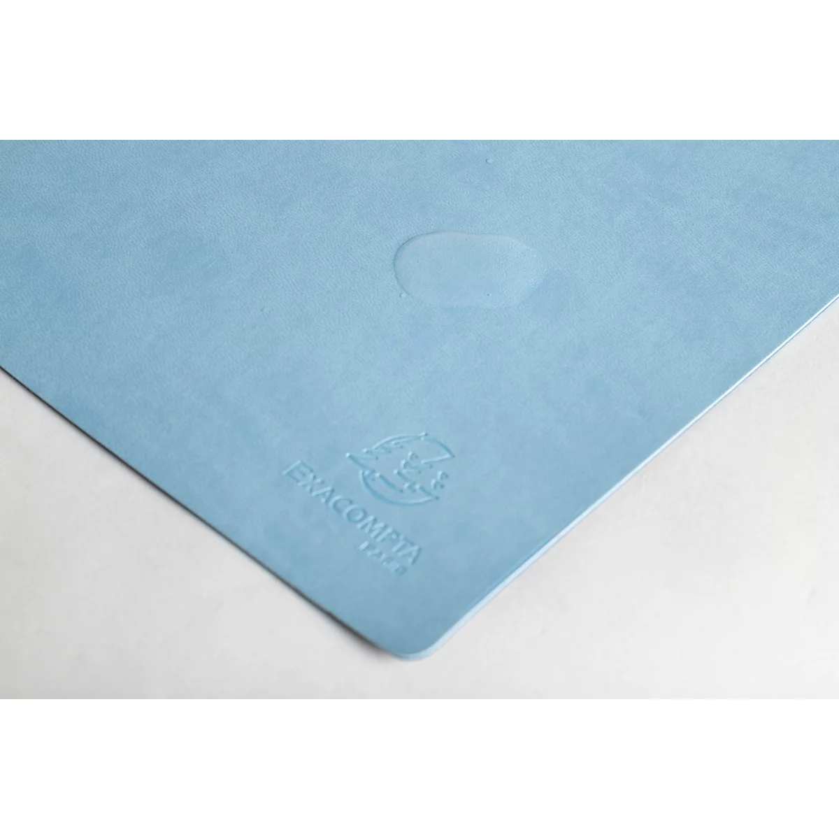 Hellblaues Papier mit einer geprägten Firmenbezeichnung und einem Wasserfleck.