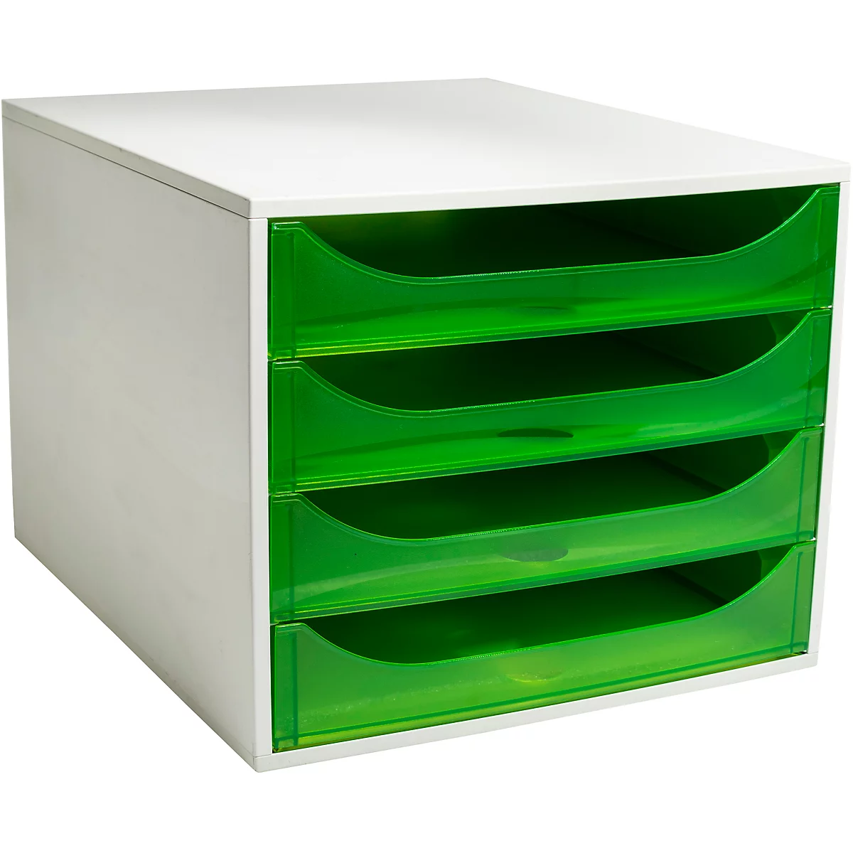 Weißer Aktenhalter mit vier Schubladen aus transparentem, grünem Kunststoff. Für Dokumente und Papiere.