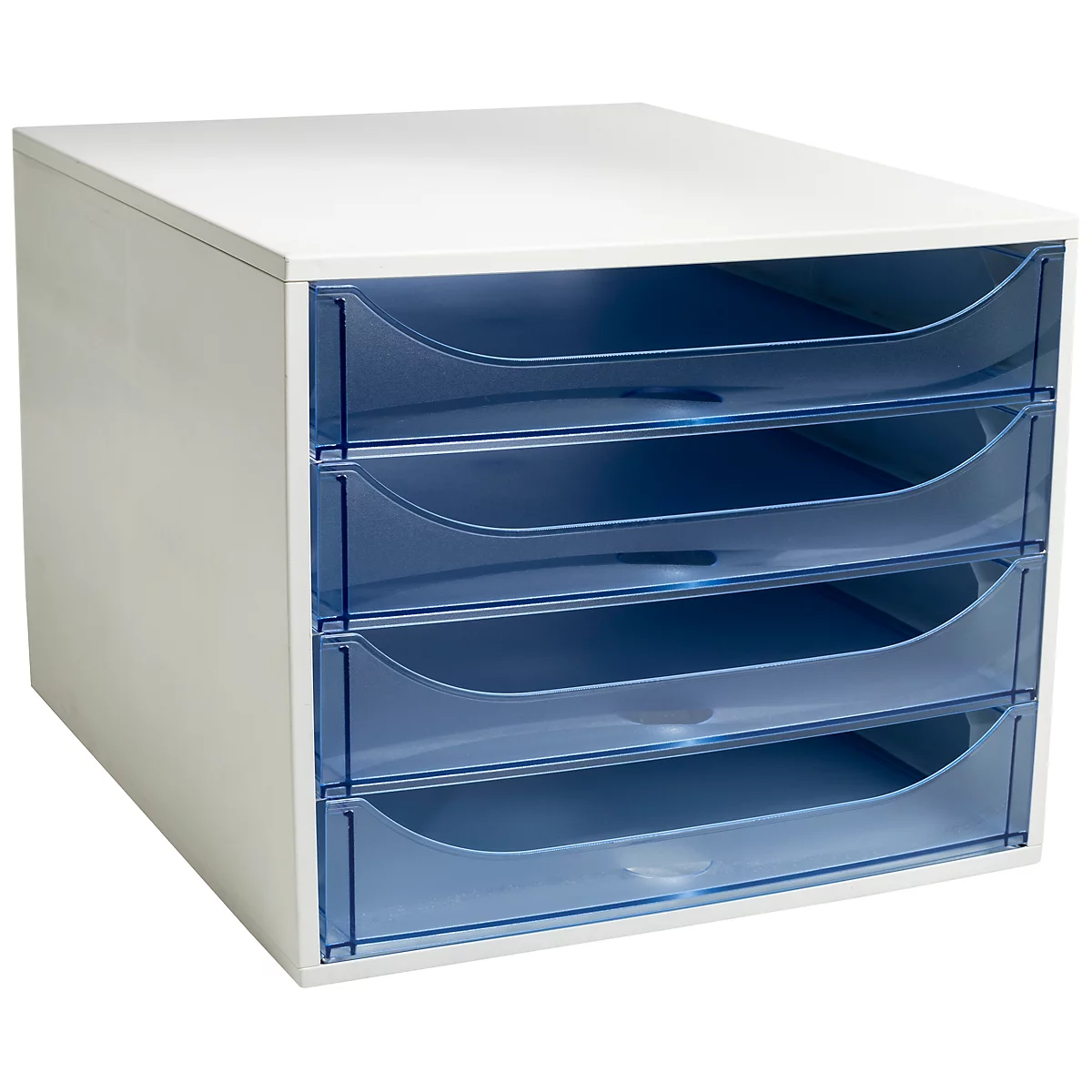 Weißer Schreibtisch-Organizer mit vier blauen Schubladen.