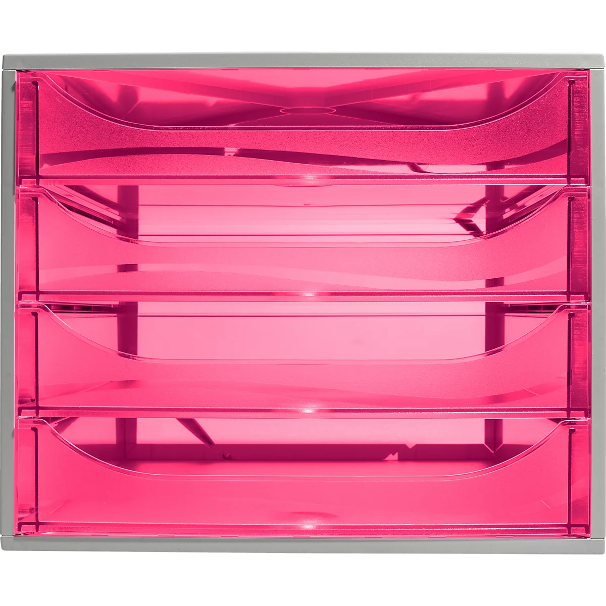 Ein rosafarbener Schubladenschrank mit vier Schubladen in einem grauen Rahmen.